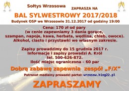 Zapraszamy na BAL SYLWESTROWY 2017/18 do Wrzosowa